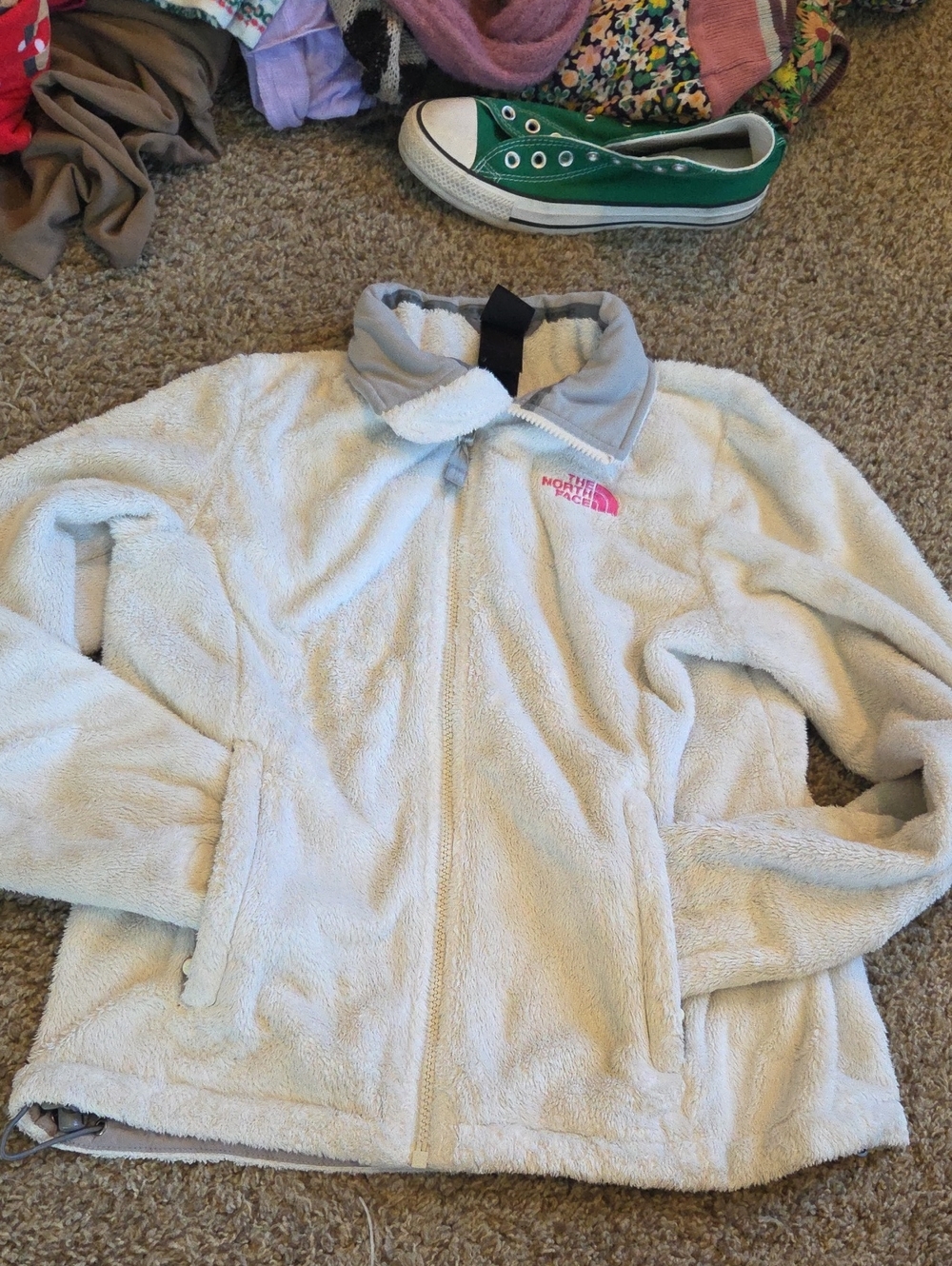 The North Face Cream Fuzzy Fleece Jacket with Pink Logo